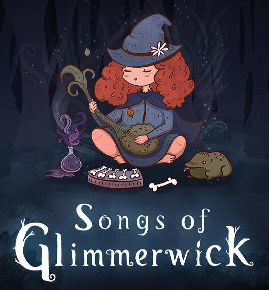 Songs of Glimmerwick A young witch playing a stringed instrument, sat in front of a bone xylophone. The text says 'Songs of Glimmerwick'.